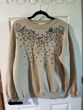 Vintage Carroll Reed Beige Bird & Floral Print Crewneck Sweatshirt Cottagecore